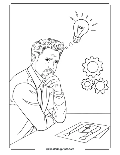 Tony Stark's Moment Of Inspiration Coloring Page, Highlighting His Thoughtful And Creative Side.