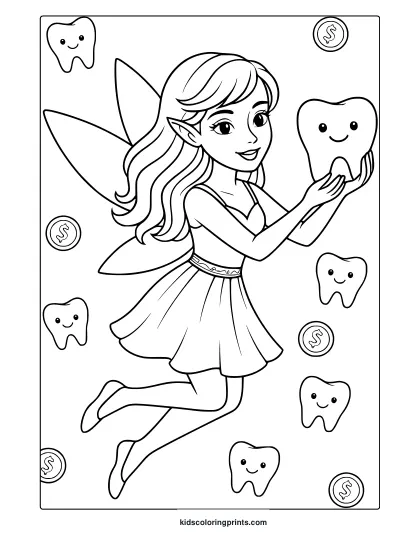 Tooth Fairy Coloring Page With Smiling Tooth And Whimsical Floating Elements.