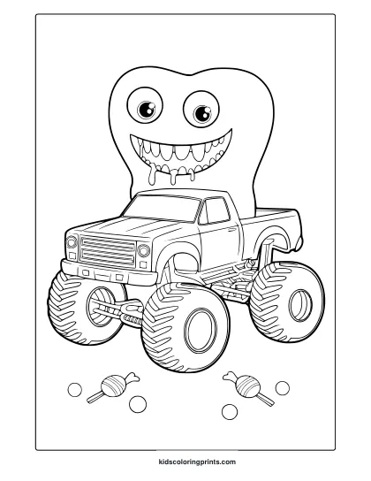 Tooth Character On A Monster Truck Surrounded By Candy, Silly And Sweet Themed Coloring Page For Kids.