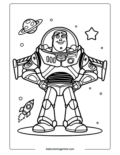A Buzz Lightyear Coloring Page Featuring The Toy Story Character In His Space Suit With Planets, Stars, And A Rocket Around Him.