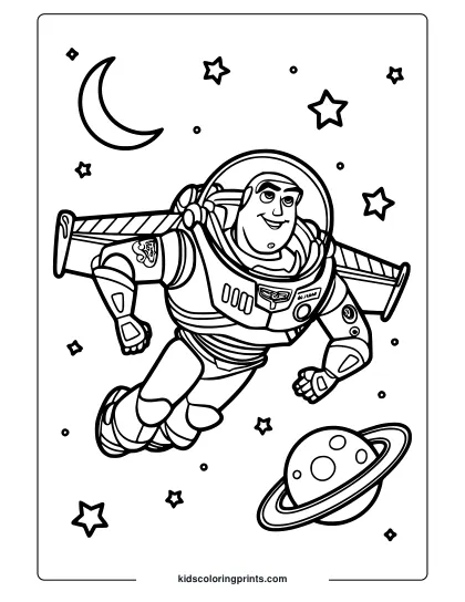 A Toy Story Buzz Lightyear Coloring Page Showing Buzz Floating In Space Surrounded By Stars, A Moon, And A Planet.