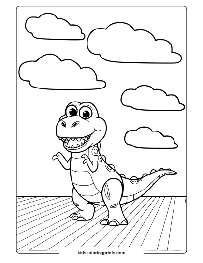 A Toy Story Coloring Page Featuring Rex The Dinosaur With A Big Smile, Standing Outdoors Under A Sky With Clouds.