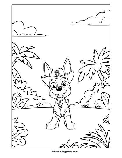 Tracker Paw Patrol Coloring Page In Sheriff Hat And Badge, Standing Between Palm Trees And Clouds.