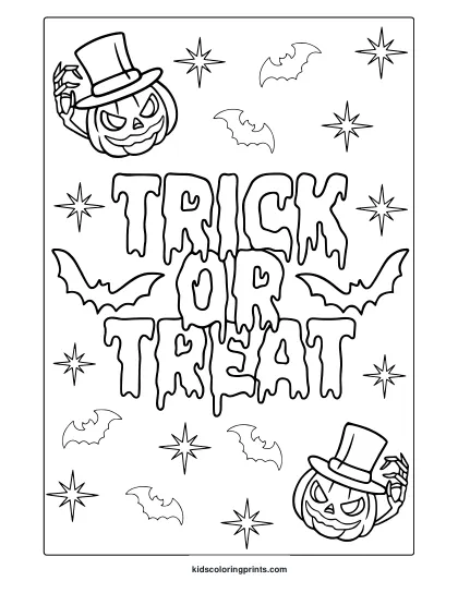 Trick Or Treat Text With Bats, Pumpkins, And Stars In A Halloween Coloring Page.