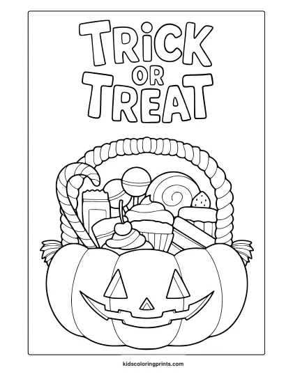 Trick Or Treat Jack O Lantern Coloring Page With Pumpkin Basket Full Of Lollipops, Cupcakes And Sweets.