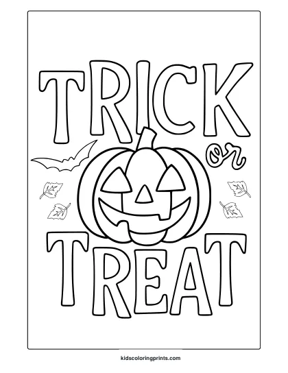 Trick Or Treat Pumpkin Coloring Page With Smiling Jack O Lantern, Bats, Autumn Leaves And Festive Lettering.