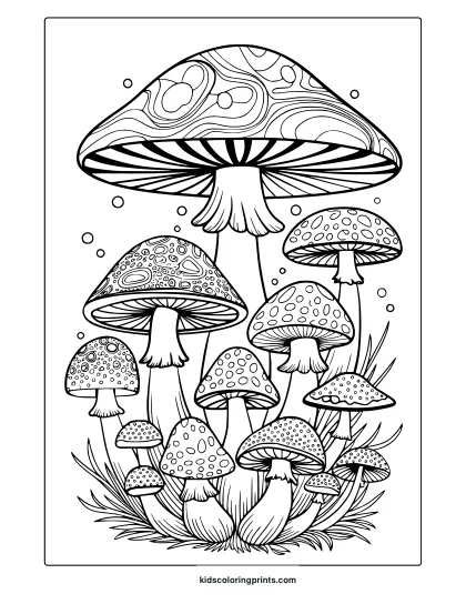 Intricate Mushrooms With Swirling Patterns And Bold Lines Featured In This Trippy Mushroom Coloring Page.