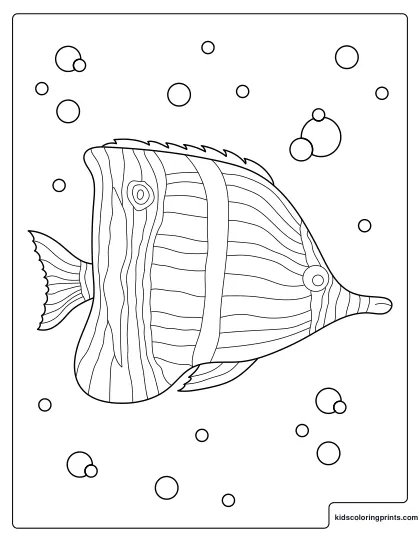 Fish Coloring Page Showing A Tropical Fish Swimming Underwater With Bubbles.