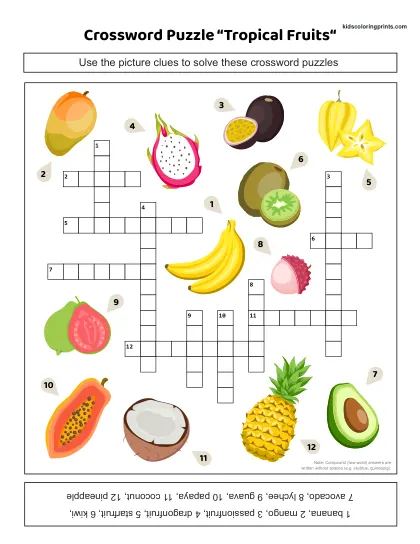 Free Printable Tropical Fruits Crossword Puzzle For All Ages.