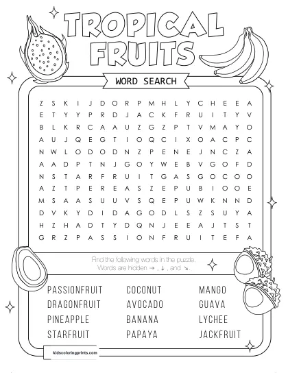Free Printable Tropical Fruits Word Search Puzzle With 12 Fruits From Mango To Papaya.