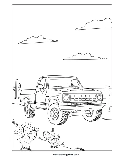 A Pickup Truck With Off-Road Tires In A Desert, A Rugged Truck Car Coloring Page.