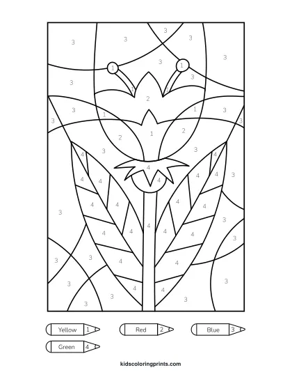 Tulip Color By Number Coloring Page Featuring A Single Blooming Tulip With A Long Stem And Pointed Leaves.