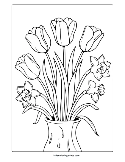 Spring Flower Coloring Page Featuring A Vase With Tulips And Daffodils, Great For A Creative And Relaxing Coloring Session.