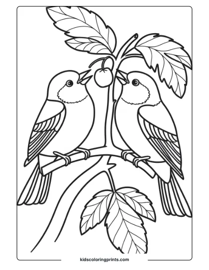 Birds Sharing A Berry On A Branch, Ideal For A Fun And Interactive Bird Coloring Page.