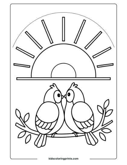 Birds Watching The Sunset On A Branch, Ideal For A Peaceful Bird Coloring Page For Kids.