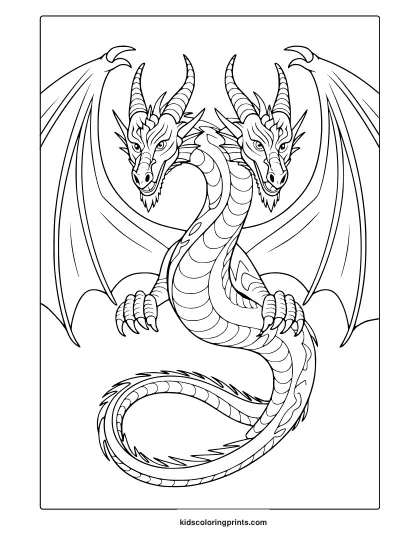 A Two-Headed Dragon Coloring Page Featuring A Symmetrical Dragon With Detailed Scales And An Intense Stance.