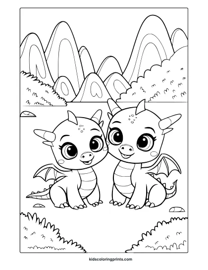 A Dragon Coloring Page With Two Playful Dragons Resting On Grass With Mountains In The Background.