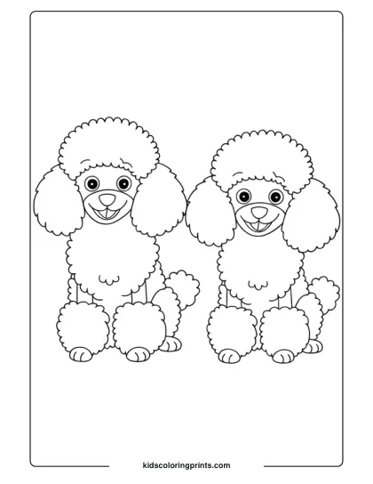 Two Smiling Miniature Poodles Sitting Side By Side With Curly Fur In A Dog Coloring Page.