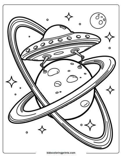Coloring Page Of A Ufo Parked Near A Ringed Planet With Stars, Creating A Classic Alien And Space Scene.