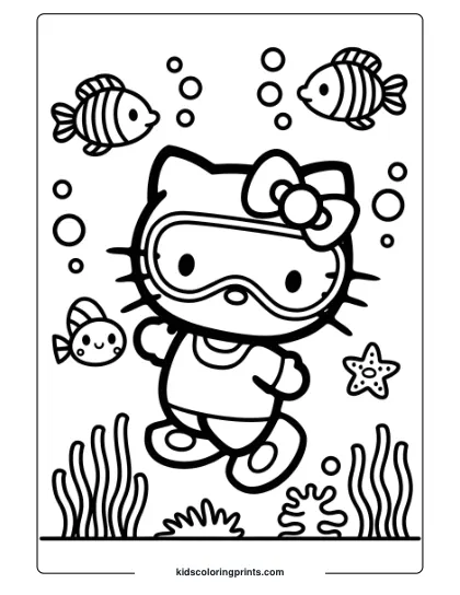 Hello Kitty Explores An Underwater Scene With Fish, Bubbles, And Seaweed On This Playful Coloring Page.