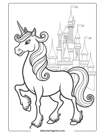 Unicorn Coloring Page With A Unicorn In Front Of A Detailed Castle, Evoking A Magical Fairy-Tale Scene.