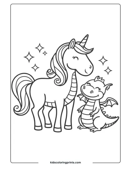 Unicorn Coloring Page With A Unicorn And Dragon Together, Surrounded By Stars, Ideal For Creative Coloring.