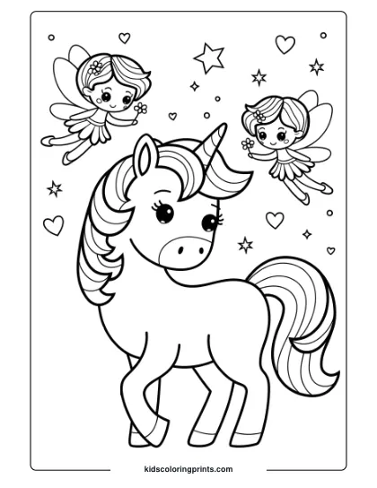 Unicorn Coloring Page Featuring A Unicorn With Fairies Holding Flowers, In A Dreamy Starry Scene.