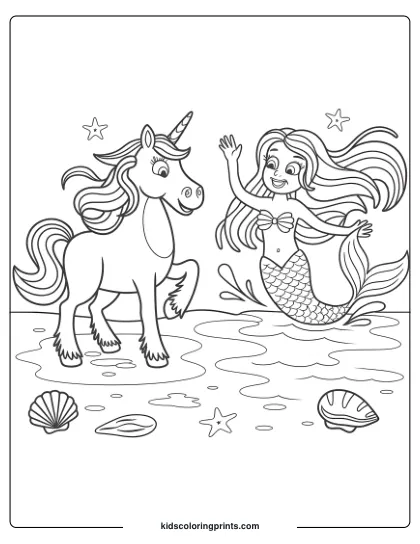 Unicorn Coloring Page Showing A Unicorn And Mermaid Interacting On A Beach, With Stars And Seashells Around.