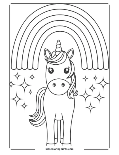 Unicorn Coloring Page With A Unicorn Under A Rainbow, Surrounded By Stars, Perfect For Magical Coloring Fun.