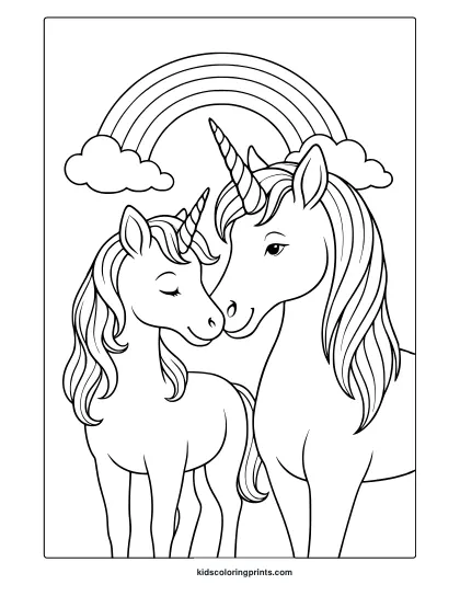 Unicorn Family Nuzzling Under A Rainbow With Soft Clouds In A Sweet Bonding Coloring Page.