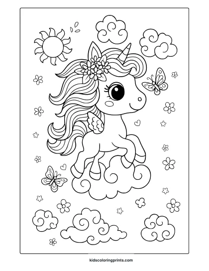 Flying Unicorn With Flowers And Butterflies On Clouds In A Dreamy Sky Coloring Page.