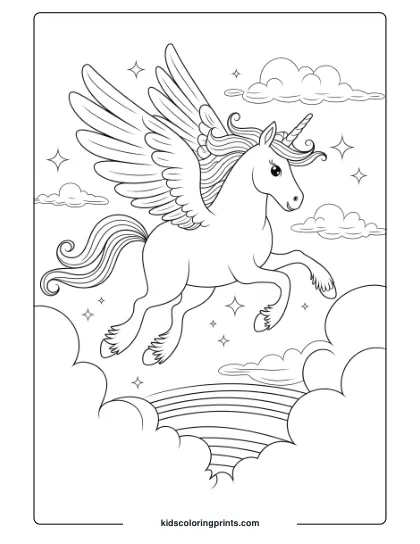 Unicorn Coloring Page With A Unicorn Flying Over Clouds And A Rainbow, Surrounded By Stars And Birds.