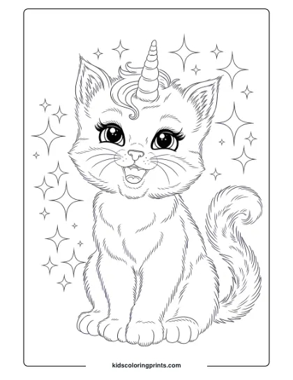 A Unicorn Kitten Surrounded By Sparkles, Perfect For An Enchanting And Magical Coloring Page.