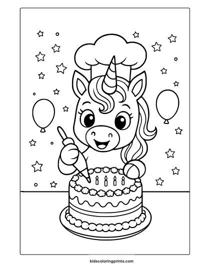 Unicorn Chef Icing A Layered Cake With Balloons And Stars In This Festive Coloring Page.