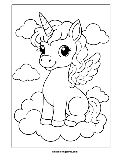 Winged Unicorn Sitting On Clouds With Soft Background In A Kawaii-Style Sky Coloring Page.