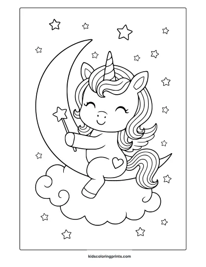 Unicorn On A Fluffy Cloud Near Crescent Moon With Stars And Wand In A Fantasy Coloring Page.