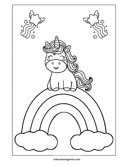 Unicorn Sitting On Rainbow Coloring Page With Cute Stars And Fluffy Clouds.