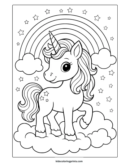 Unicorn Under Rainbow With Flowing Mane And Stars In A Soft And Dreamy Coloring Page.