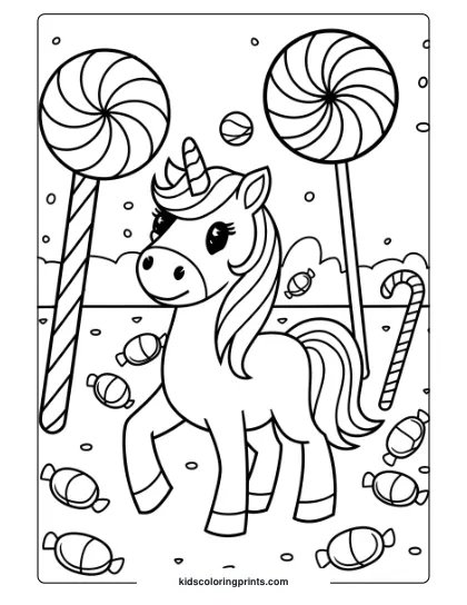 Unicorn Coloring Page Featuring A Unicorn In A Candy-Themed Landscape With Lollipops And Candy Canes.