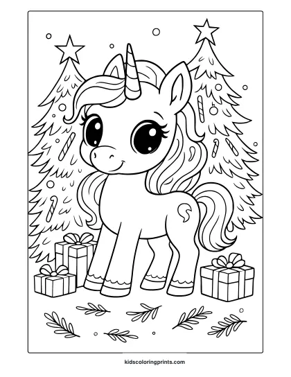 Christmas Unicorn With Trees, Ornaments, And Presents In This Joyful Holiday Coloring Page.