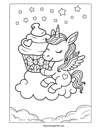 Unicorn With Heart-Marked Cupcake Sitting On Clouds Under Stars In This Sweet Coloring Page.