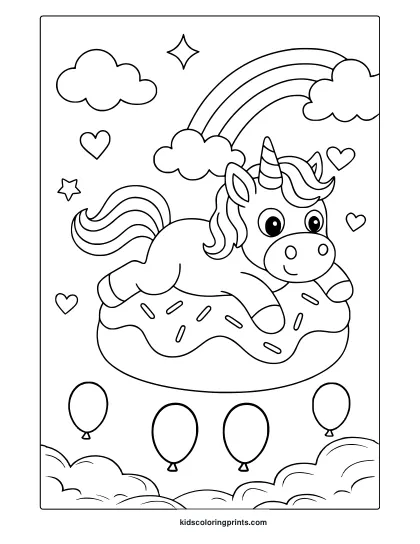 Unicorn Lying On A Donut With Sprinkles And Rainbow Background In This Playful Coloring Page.