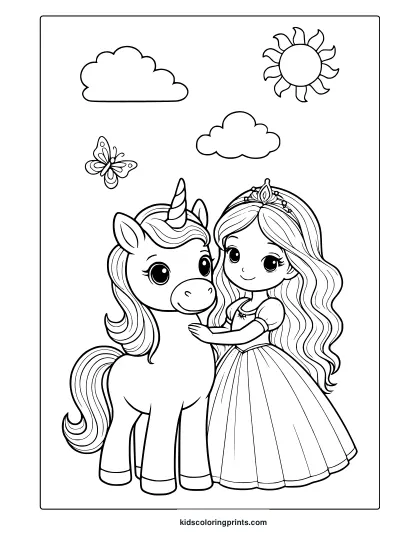 Unicorn With Princess In Gown And Tiara Standing Near Clouds And Sun In A Fantasy Coloring Page.