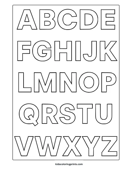 Coloring Page With Bold Uppercase Alphabet Letters A To Z In A Clean, Simple Layout.