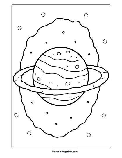 Uranus With Rings Moons And Clouds In Space. Minimalist Uranus Coloring Page With Soft Outlines For Kids.