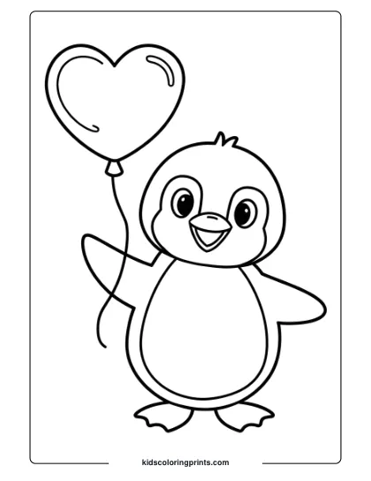 A Penguin Holding A Valentine Heart Balloon, Ideal For A Love-Themed Penguin Coloring Page.