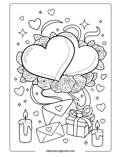 A Romantic February Coloring Page With Hearts, Roses, And Gifts, Celebrating Love.