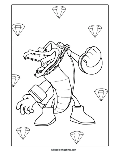 Coloring Page With Vector The Crocodile In Attack Pose And Diamond Background.