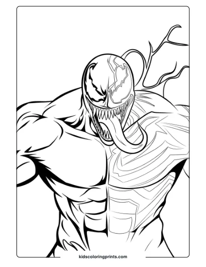 Venom And The Symbiote Suit Coloring Page, Highlighting The Creature’s Powerful Form.