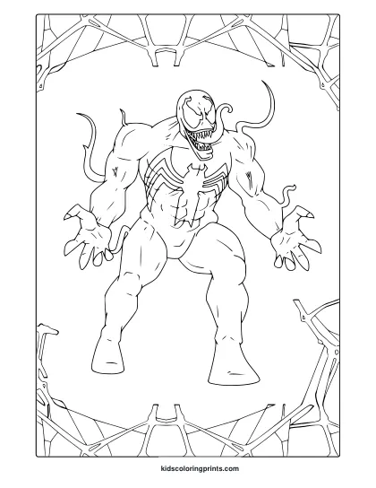 Venom In Action Coloring Page Featuring Dynamic Web Frame And Detailed Symbiote Suit Design With Clawed Pose.